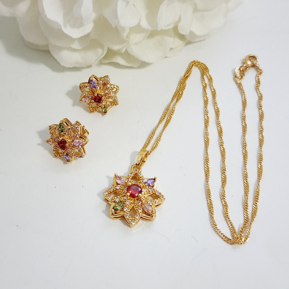 Flower Necklace Set 14k Gold Plated